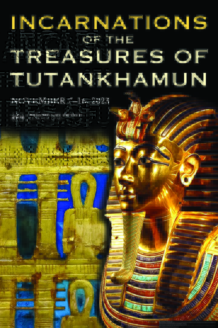 Incarnations of the Treasures of Tutankhamun exhibition poster with image of the gold death mask of King Tut.