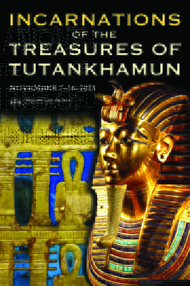 Incarnations of the Treasures of Tutankhamun exhibition poster with image of the gold death mask of King Tut.
